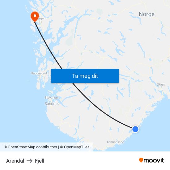 Arendal to Fjell map