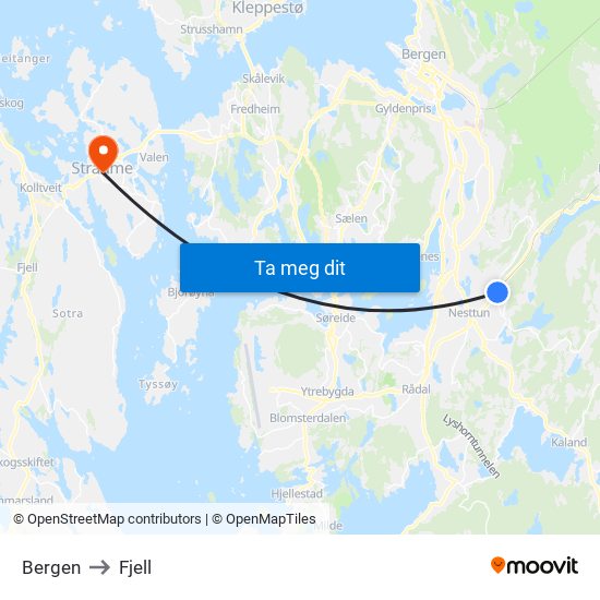 Bergen to Fjell map