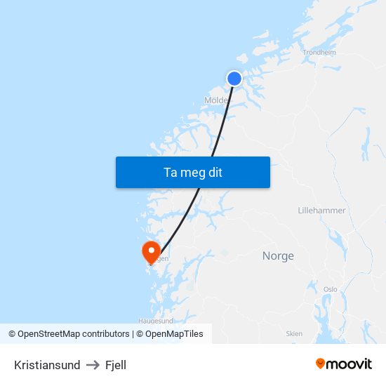 Kristiansund to Fjell map