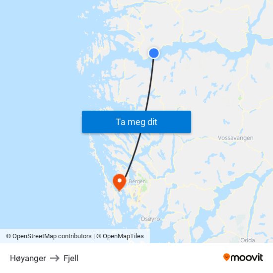 Høyanger to Fjell map