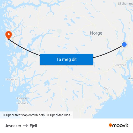 Jevnaker to Fjell map