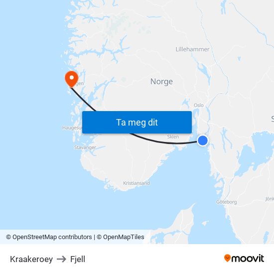 Kraakeroey to Fjell map