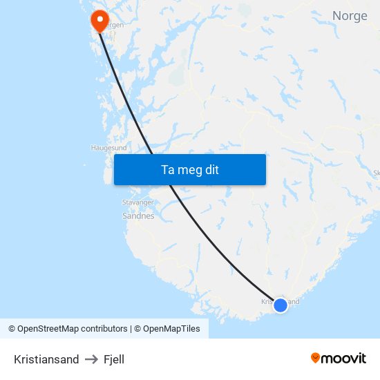 Kristiansand to Fjell map