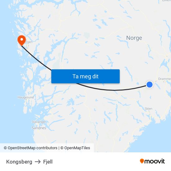 Kongsberg to Fjell map