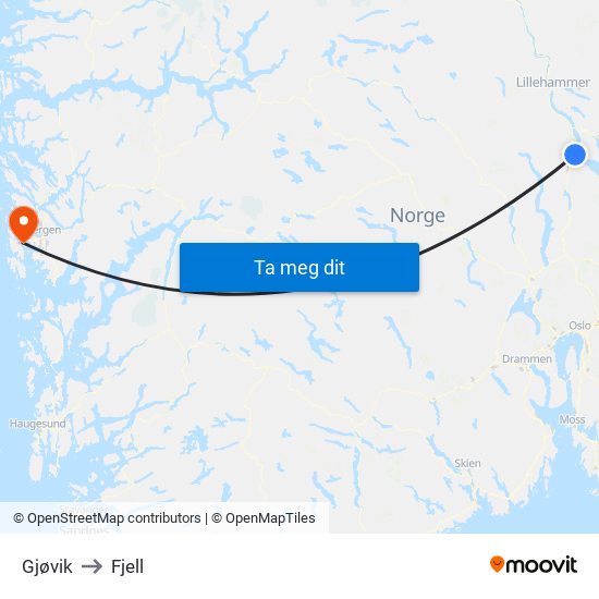 Gjøvik to Fjell map