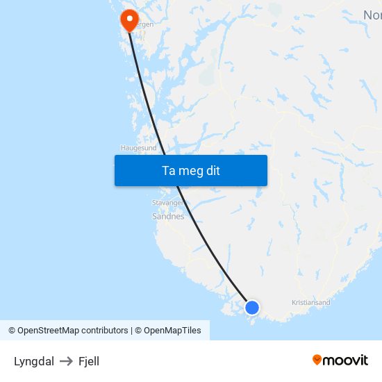 Lyngdal to Fjell map