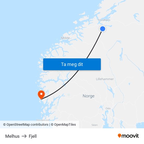 Melhus to Fjell map