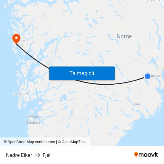 Nedre Eiker to Fjell map