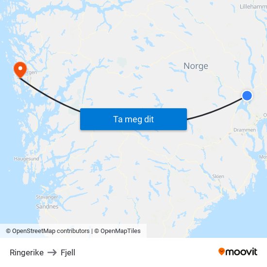 Ringerike to Fjell map