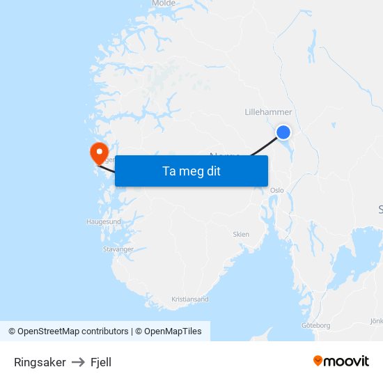 Ringsaker to Fjell map