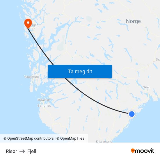 Risør to Fjell map