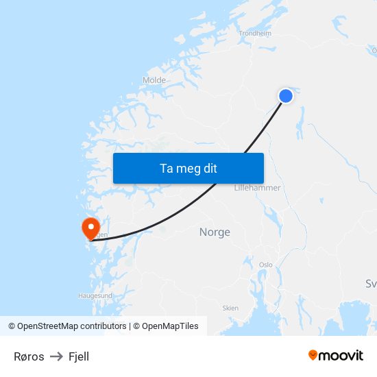 Røros to Fjell map