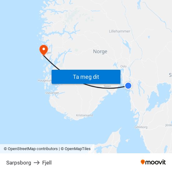 Sarpsborg to Fjell map