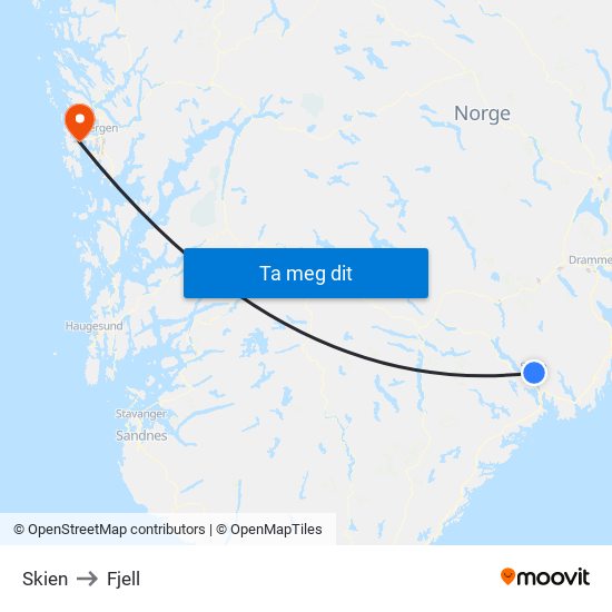 Skien to Fjell map
