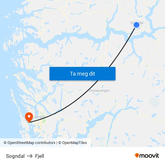 Sogndal to Fjell map