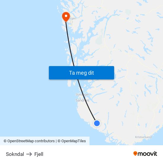 Sokndal to Fjell map