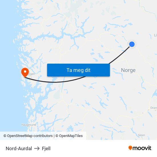 Nord-Aurdal to Fjell map