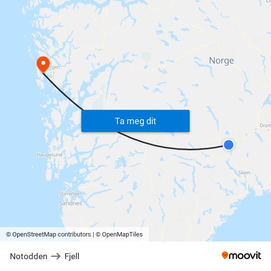 Notodden to Fjell map