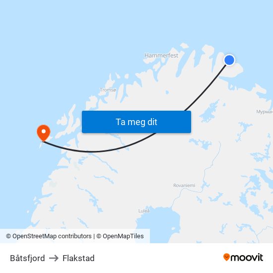 Båtsfjord to Flakstad map