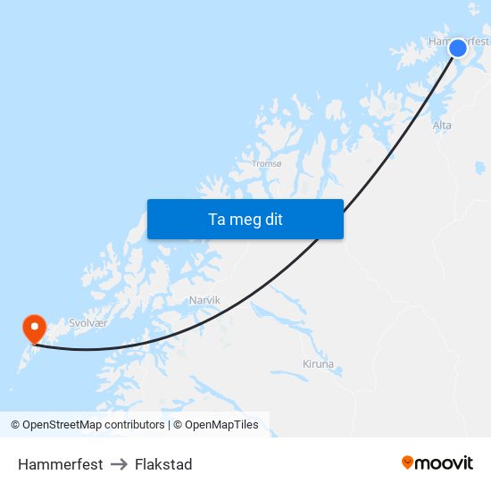 Hammerfest to Flakstad map