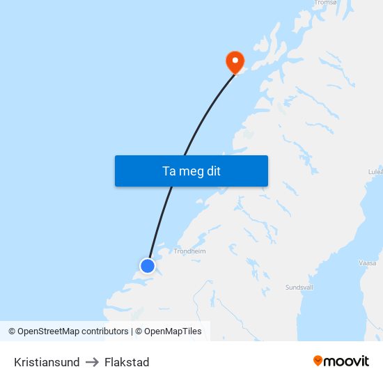 Kristiansund to Flakstad map