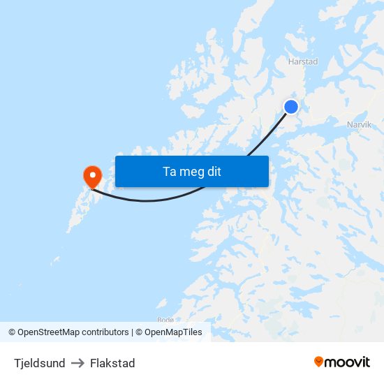 Tjeldsund to Flakstad map