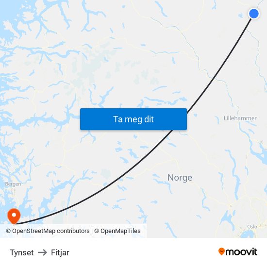 Tynset to Fitjar map