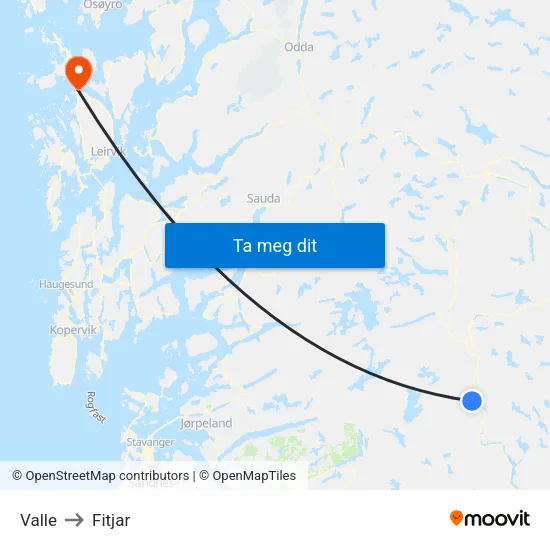 Valle to Fitjar map