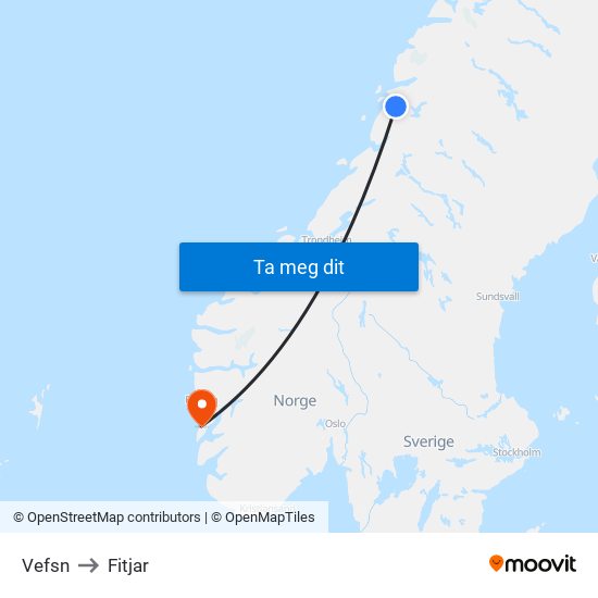 Vefsn to Fitjar map