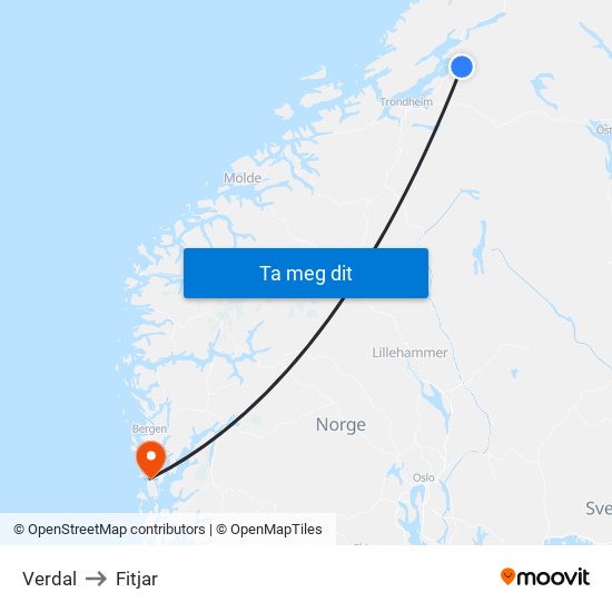 Verdal to Fitjar map