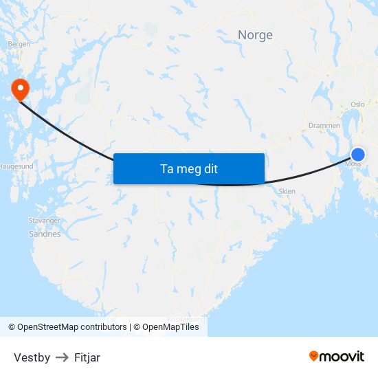 Vestby to Fitjar map