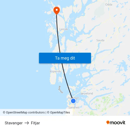 Stavanger to Fitjar map