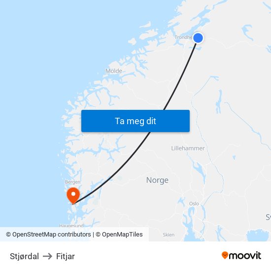 Stjørdal to Fitjar map