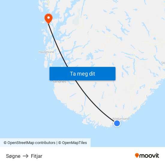 Søgne to Fitjar map