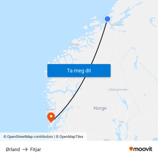 Ørland to Fitjar map