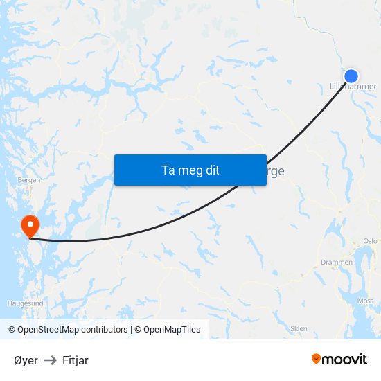 Øyer to Fitjar map
