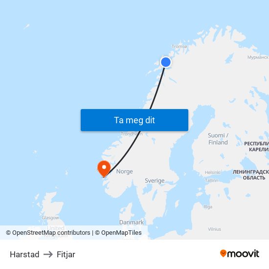 Harstad to Fitjar map