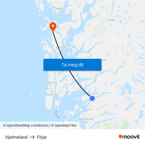 Hjelmeland to Fitjar map