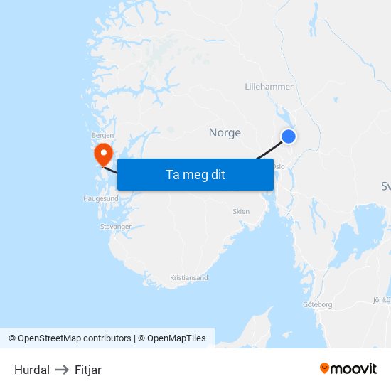 Hurdal to Fitjar map