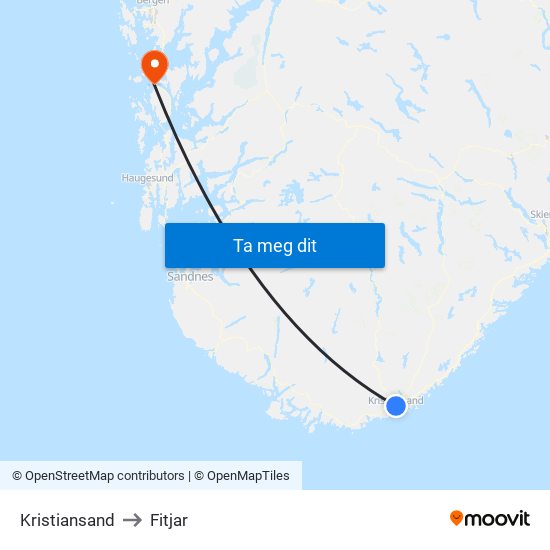 Kristiansand to Fitjar map