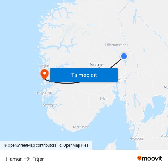 Hamar to Fitjar map