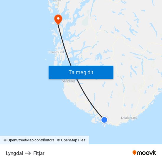 Lyngdal to Fitjar map