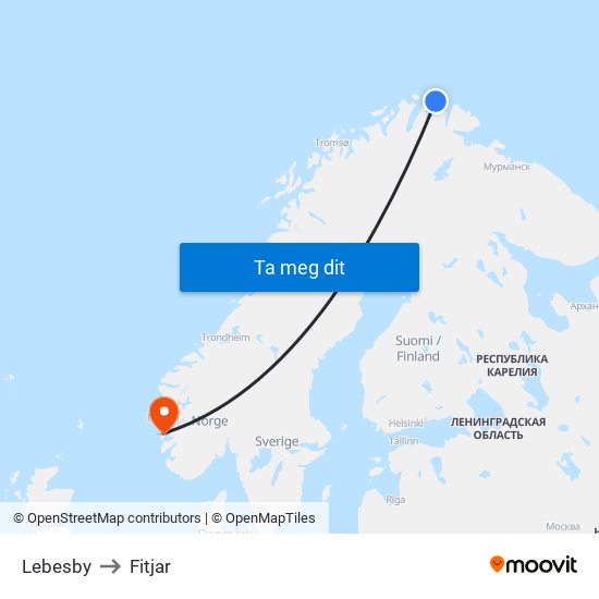 Lebesby to Fitjar map