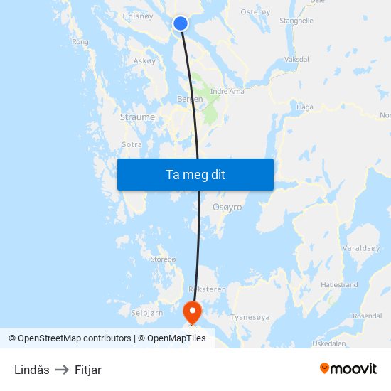 Lindås to Fitjar map