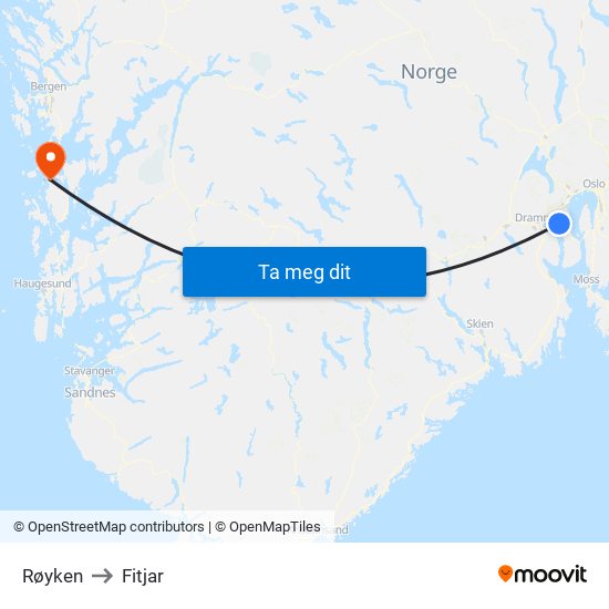 Røyken to Fitjar map