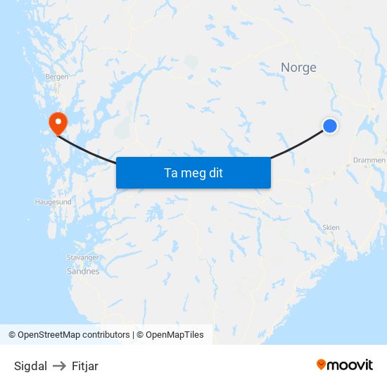 Sigdal to Fitjar map