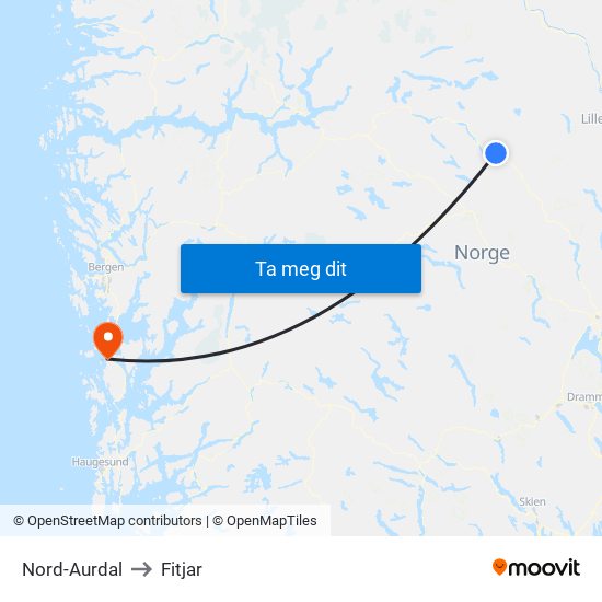 Nord-Aurdal to Fitjar map