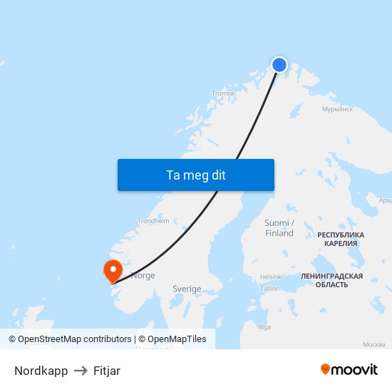Nordkapp to Fitjar map