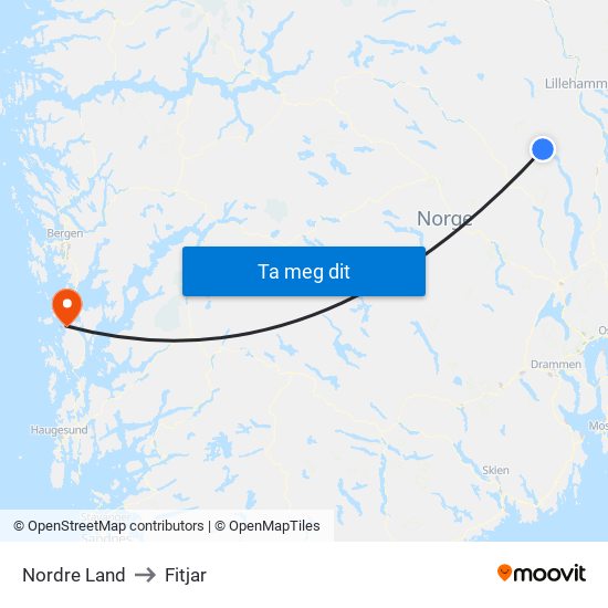 Nordre Land to Fitjar map