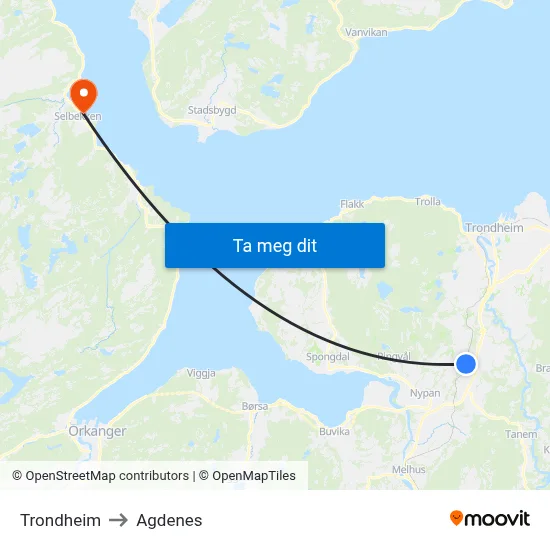 Trondheim to Agdenes map